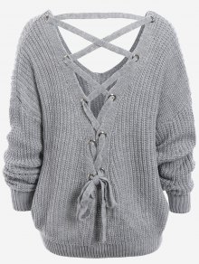 Plain SweaterBack Lace Up Drop Shoulder Sweater
